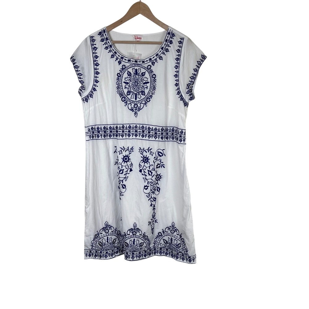 Natural Indiano Womens XXL White Blue Embroidered Cotton Shift Dress‎ Boho New